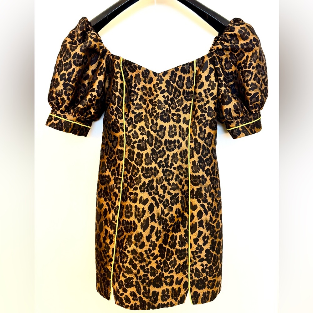 Animal Print Designer-Quality Mini Dress w/Neon Piping & Puff Sleeves -Like New!